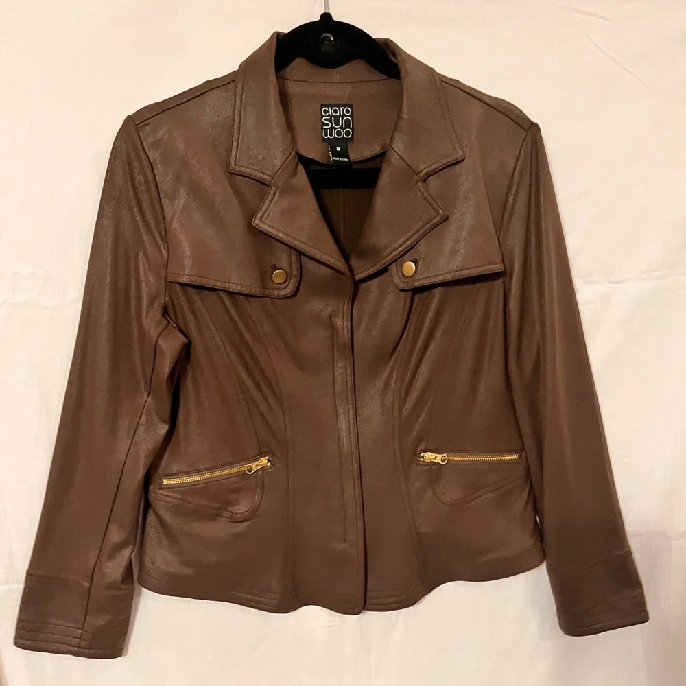 Clara Sun Woo Brown brown Zip Up Jacket with Gold Accents, Medium Pocket - Picture 3 of 8